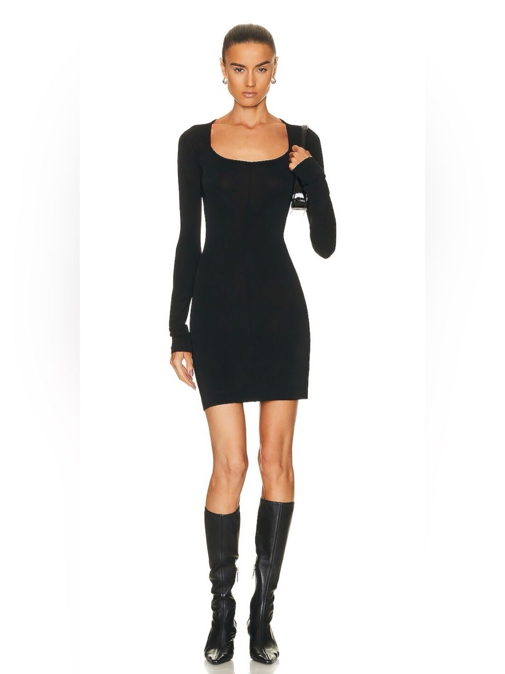 ETERNE Black Square Neck Long Sleeve Ribbed Mini Dress M